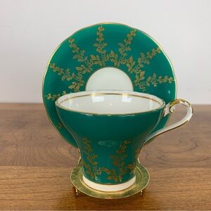 Aynsley Teacup Saucer Green Gold Leaf Bone China England Vintage Corset 1467